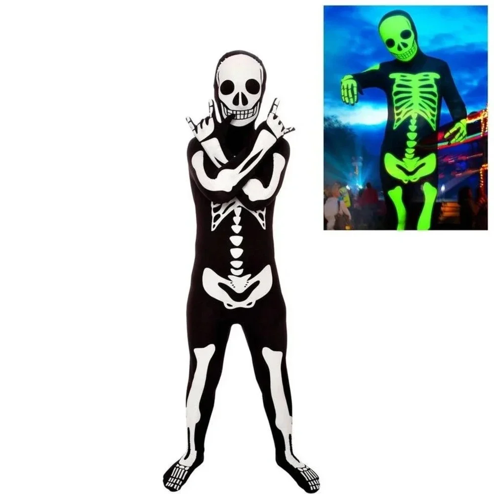 Kids‎ Glow in Dark Skeleton Boys Girls Halloween Skin Suit Costume SMALL size